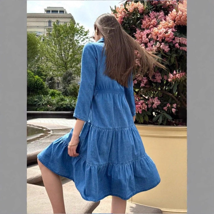 Women's button-down shirt dress made of denim with a waist-defining elastic band, button placket & tiered skirt Mune Fashion