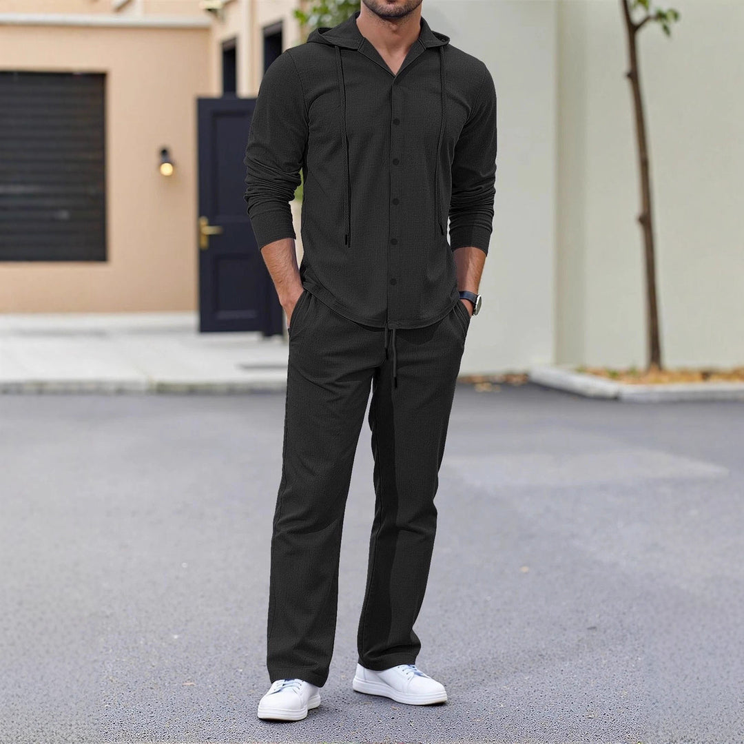 Men's casual two-piece lounge set with hoodie shirt, full button placket, and drawstring pants Mune Fashion