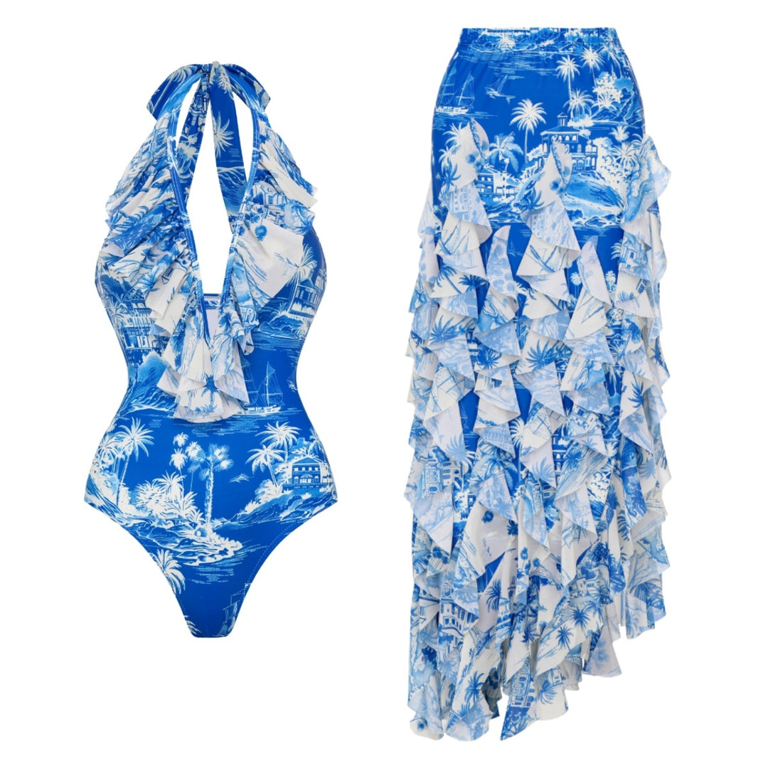 Women's one-piece swimsuit with voluminous ruffle details and matching skirt Mune Fashion