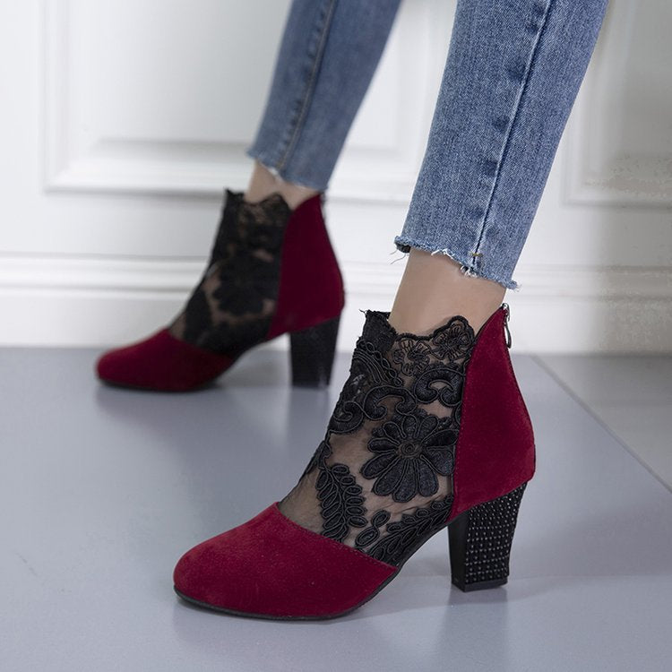 Women's elegant lace ankle boots with floral mesh insert, zipper, and decorative block heel Mune Fashion