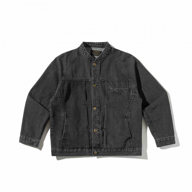 Unisex Boxige Denim Jacket in Worker Look with Stand Collar, Raglan Sleeves and Chest Welt Pocket Mune Fashion