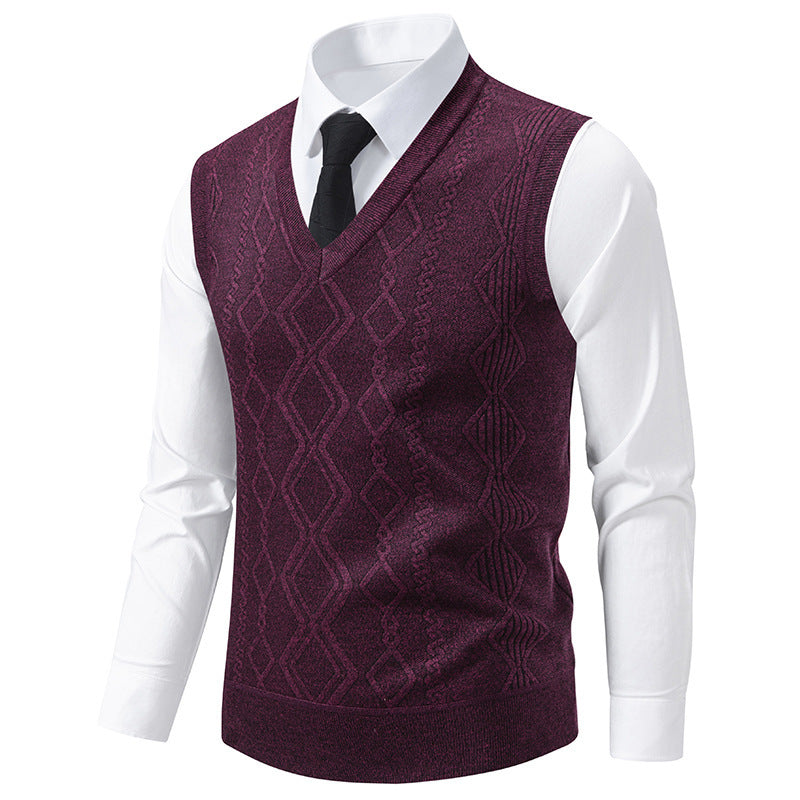 Men's Knit Sweater with V-Neck and Textured Cable Pattern Mune