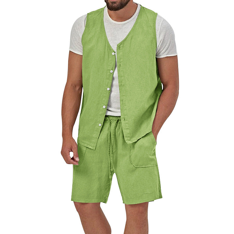 Men's two-piece leisure set with sleeveless button vest and wide drawstring shorts with patch pockets Mune Fashion
