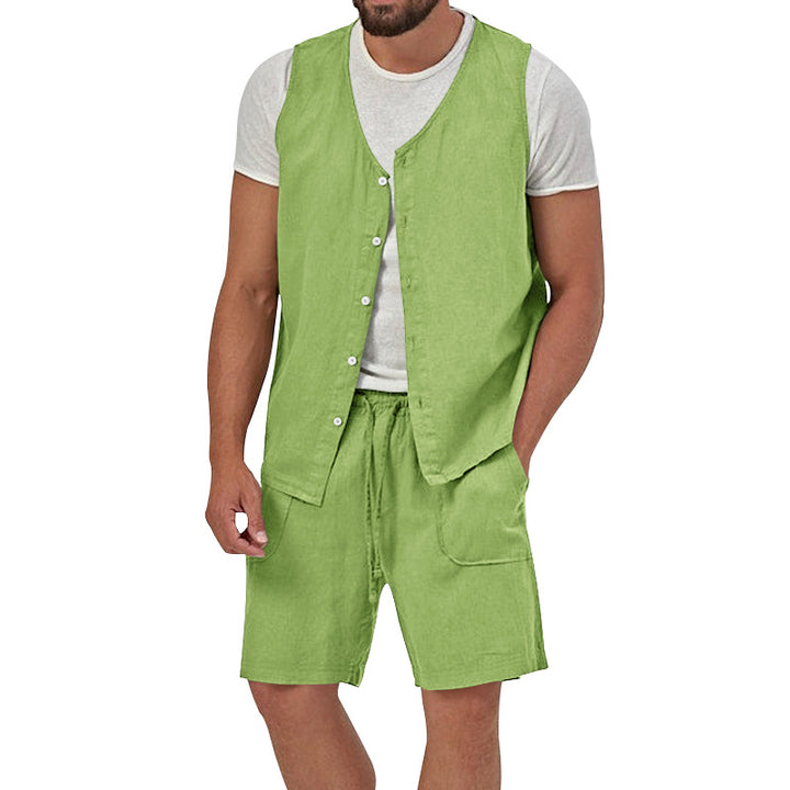 Men's two-piece leisure set with sleeveless button vest and wide drawstring shorts with patch pockets Mune Fashion