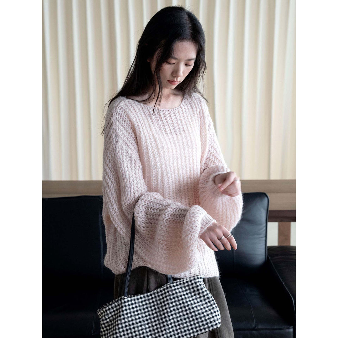 Women Oversize Chunky Knit Sweater with Boat Neck and Cozy Mohair Look Mune Fashion