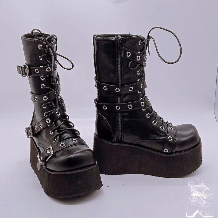 Women’s high-calf Gothic platform boots with multiple metal buckles, eyelets, and side zipper Mune Fashion