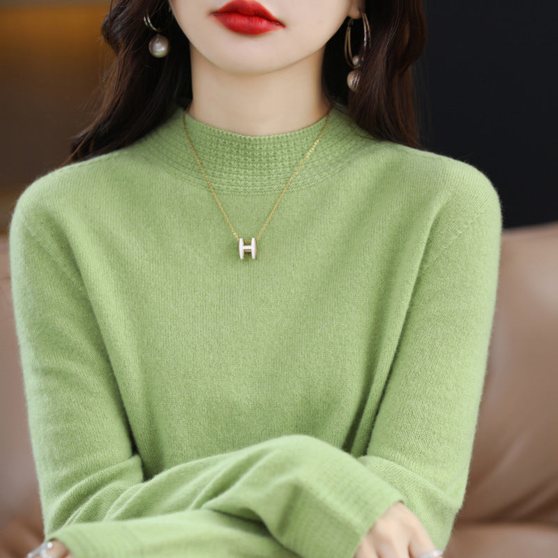 Women Light Fine Knit Mock Neck Sweater with Structured Collar Trim Mune Fashion