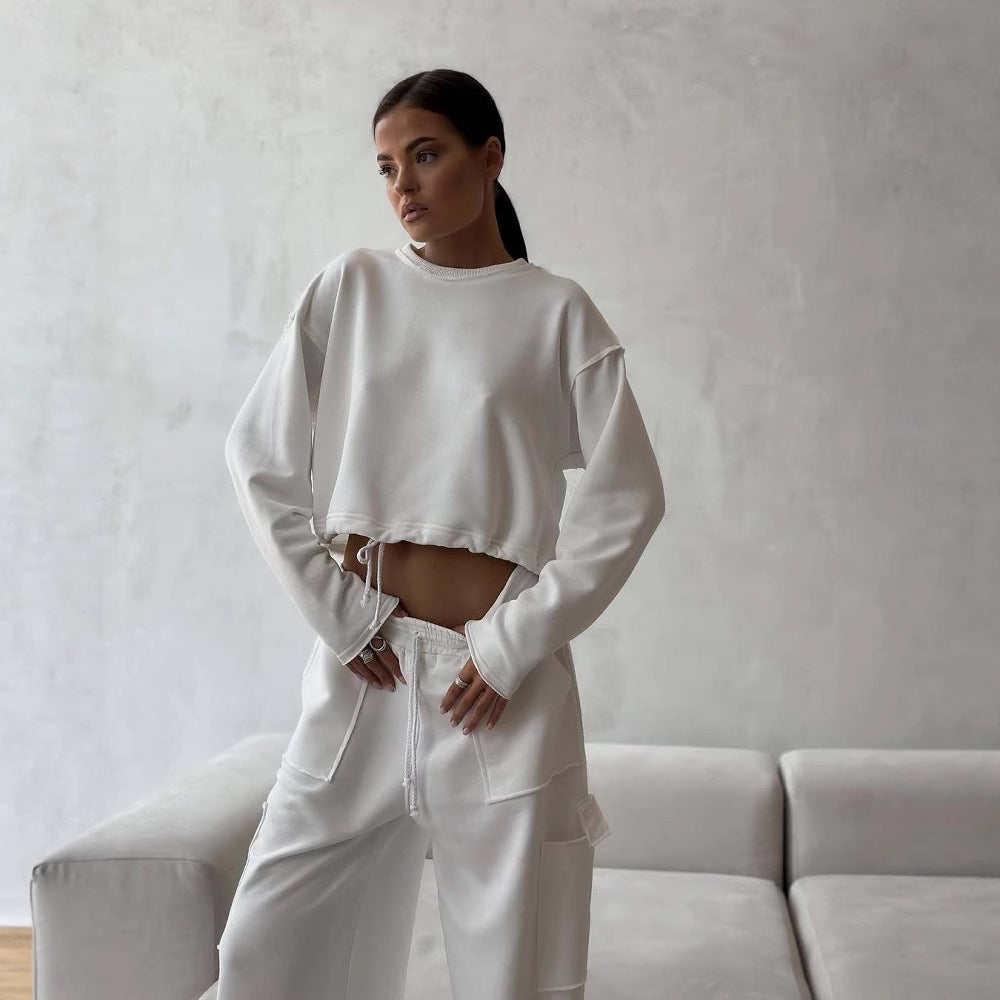 Women's Short Drawstring Sweatshirt with Ribbed Hem and Casual High-Waist Jogging Pants Mune Fashion