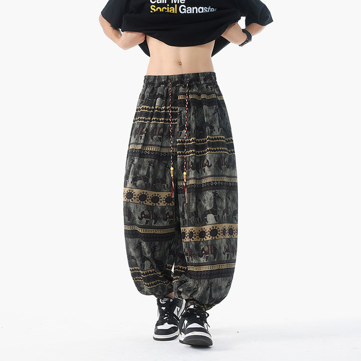 Women's casual pluder pants in ethnic print with elastic waistband, drawstring and smocked cuffs Mune Fashion