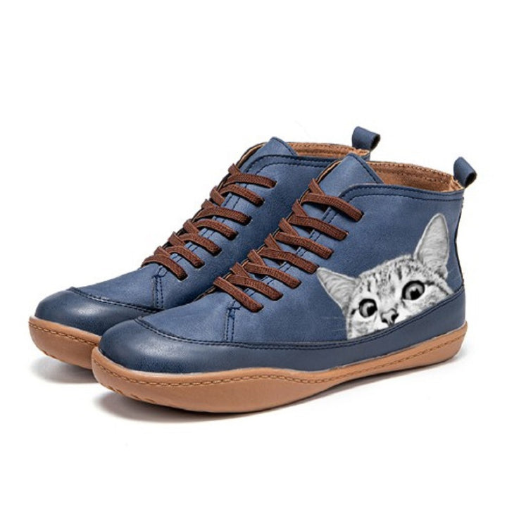 Women's ankle-high sneakers with cute cat motif embroidery and ergonomic comfort insole Mune Fashion