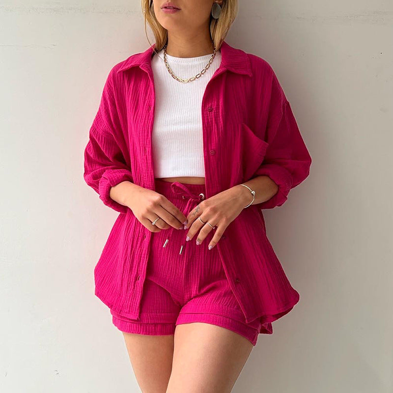 Women's casual oversized shirt and shorts set with chest pocket, drawstring, and brushed cotton texture Mune Fashion