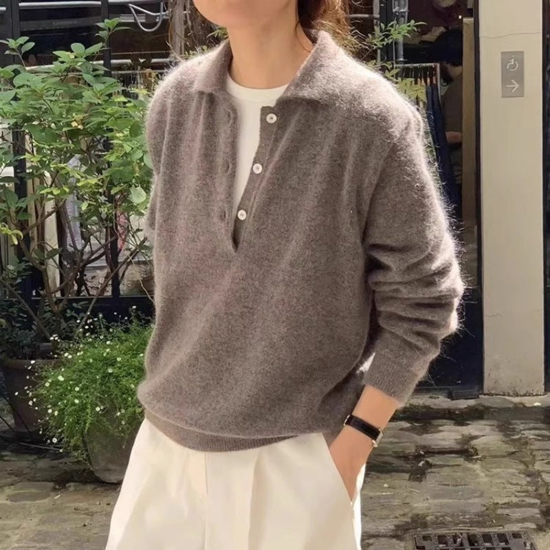 Women's Soft Hoodie in Mohair Look with Deep V-Neck and Half Button Placket Mune Fashion