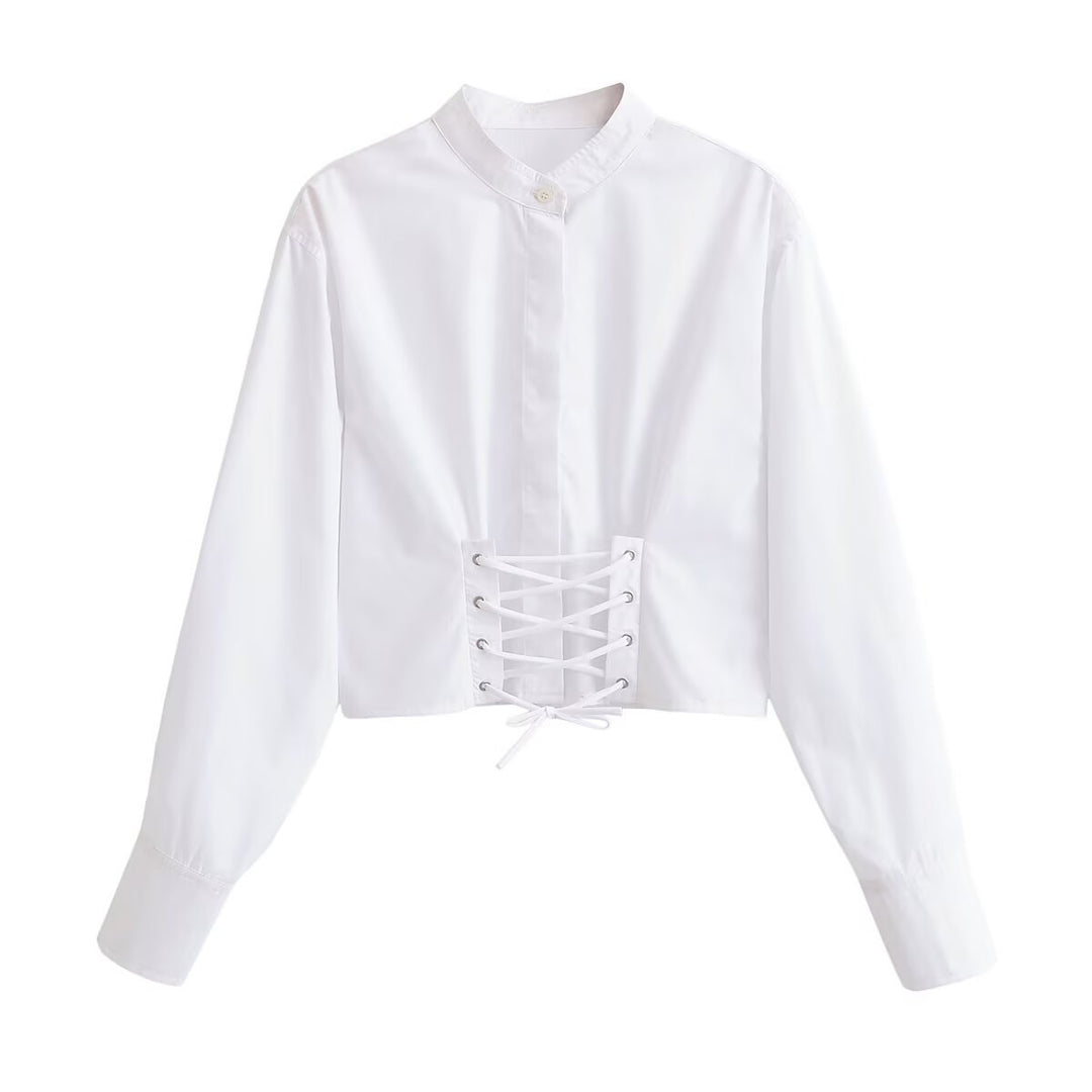 Women's short blouse with stand-up collar, cord corsage at the hem and voluminous sleeves Mune Fashion