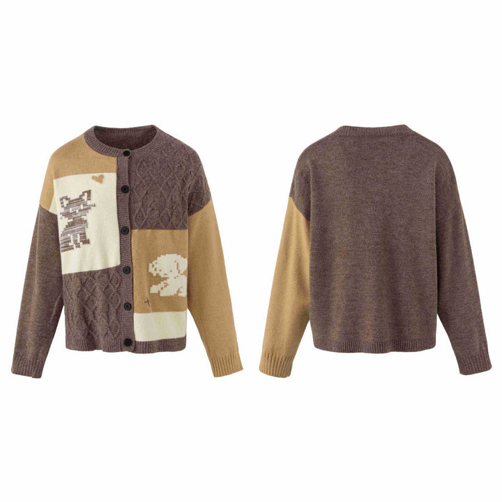 Women's knitted cardigan in patchwork look with cable pattern and round neckline Mune Fashion