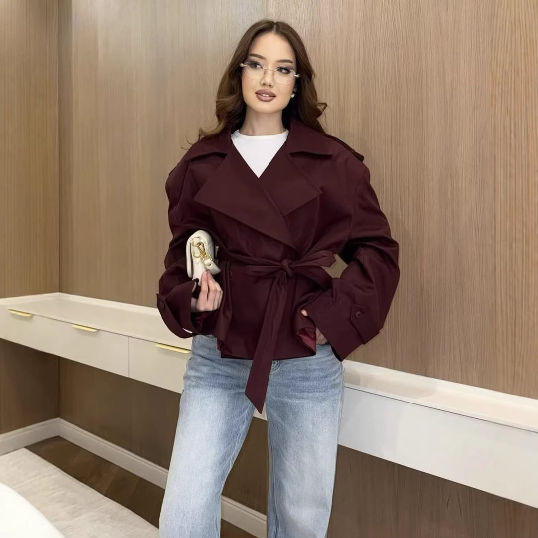 Women's Tailored Cropped Trench Coat with Wide Lapels, Belt and Epaulettes Mune Fashion
