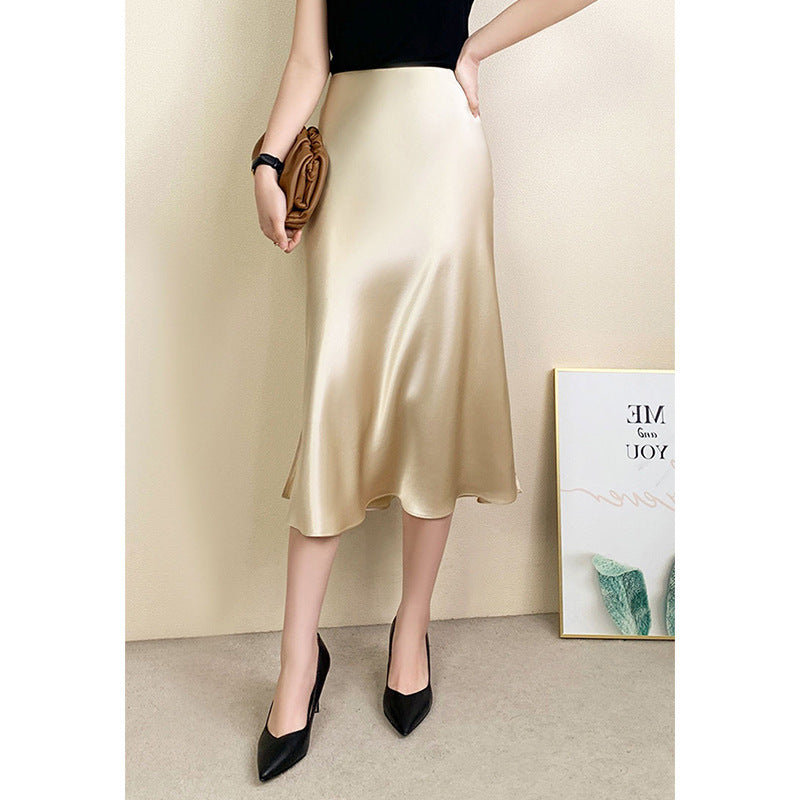Women Luxurious Satin Midi Skirt with High Slit Mune Fashion