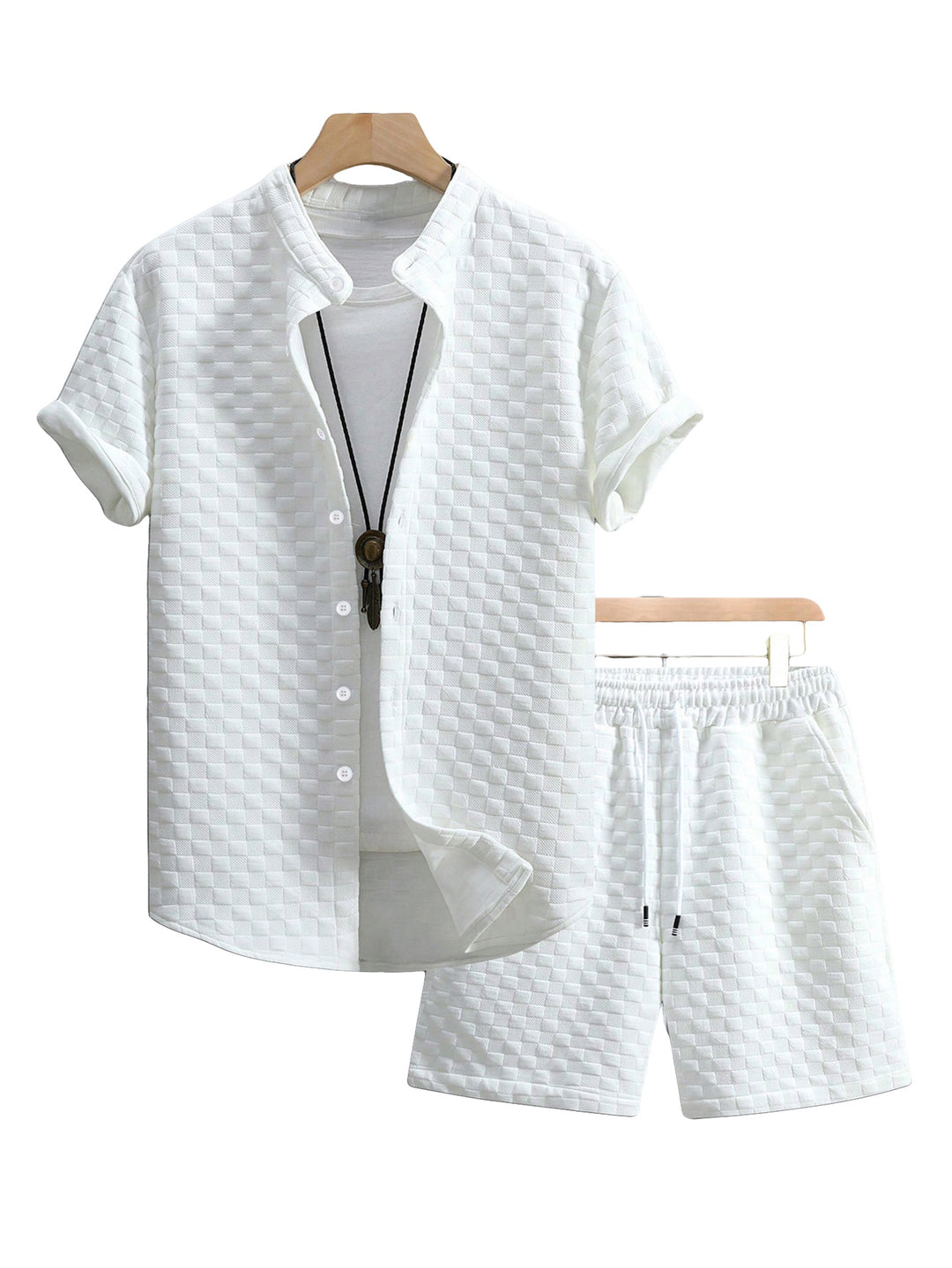Men's two-piece summer ensemble with stand-up collar shirt jacket and elastic comfort shorts in embossed checked texture Mune Fashion