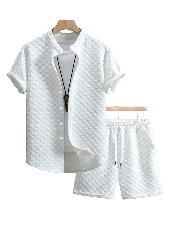 Men's two-piece summer ensemble with stand-up collar shirt jacket and elastic comfort shorts in embossed checked texture Mune Fashion