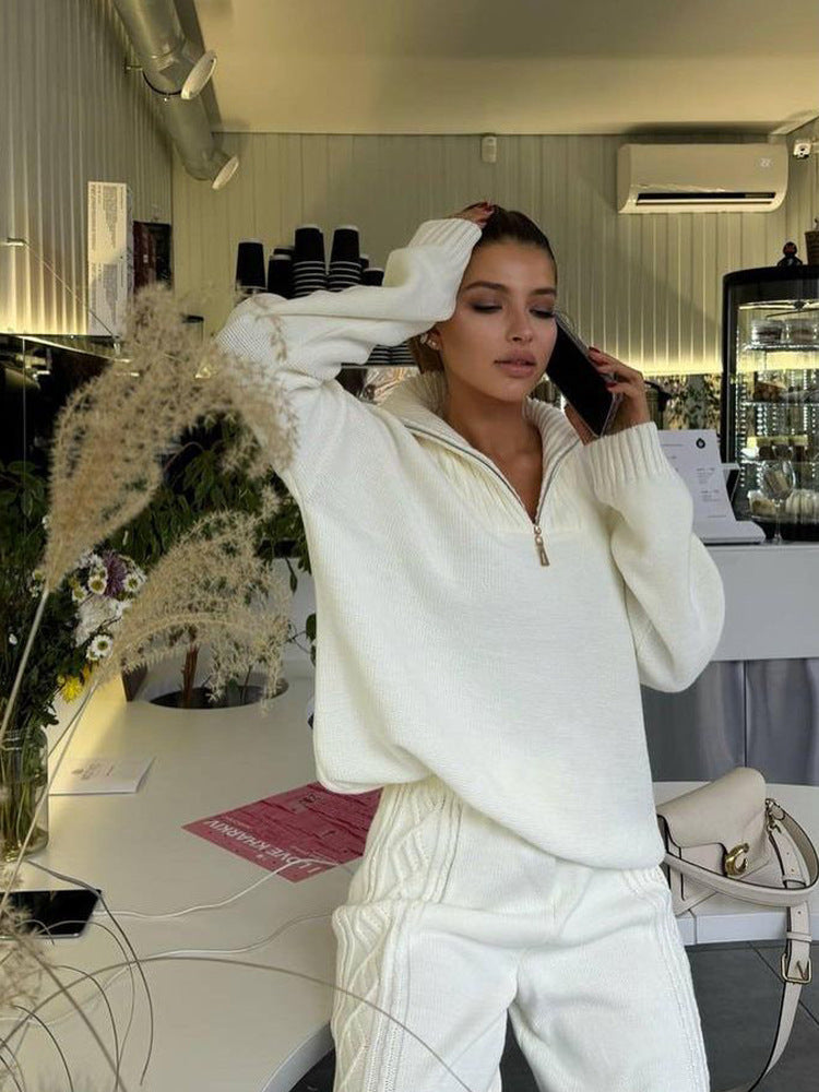 Women's Knit Relax Set with Half Zip, Oversized Sweater and High Waisted Cable Knit Pants Mune Fashion
