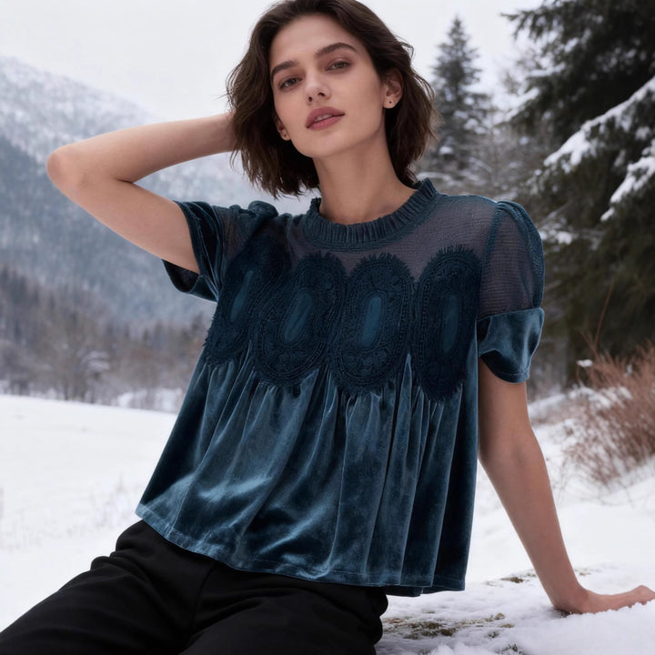 Women's velvet blouse with lace trim, transparent insert, and gathered A-line Mune Fashion