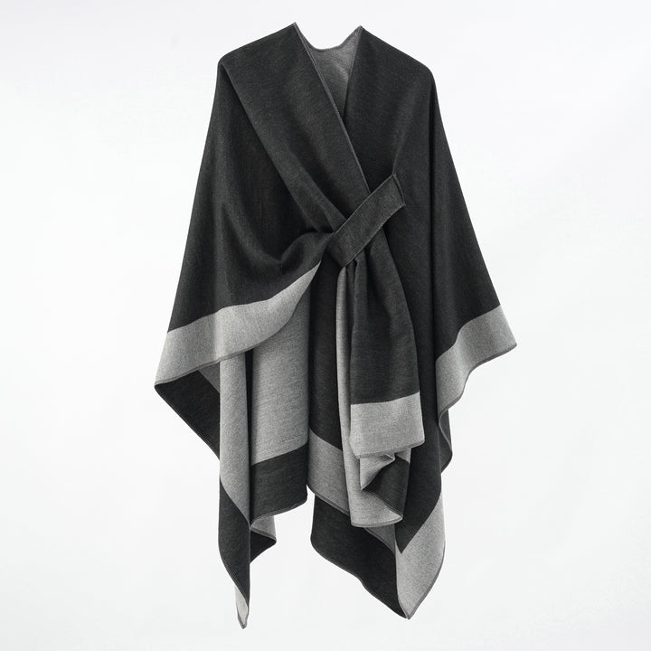 Women Soft Knit Poncho with Belt and Contrast Edge Mune Fashion