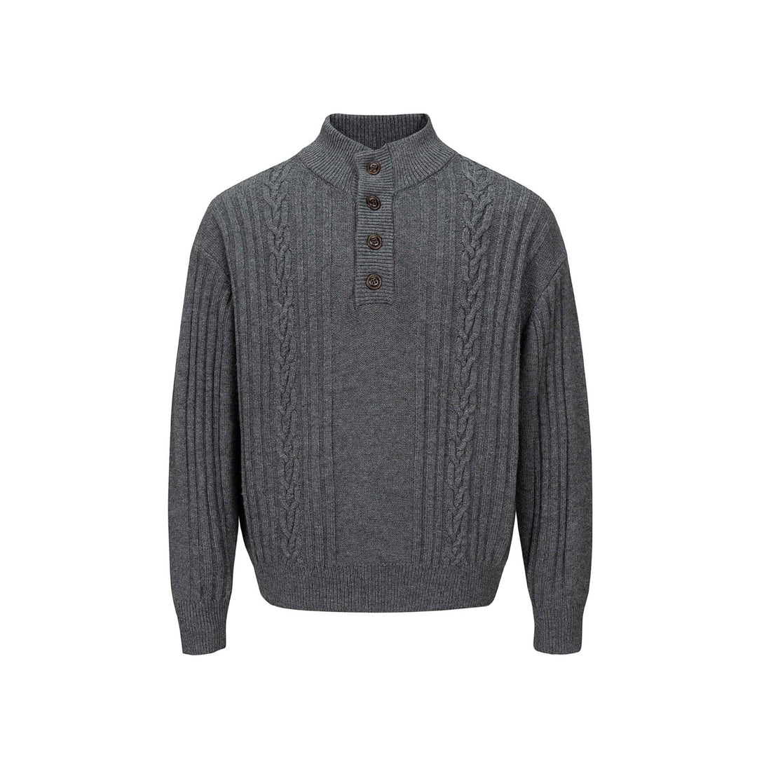 Men's Coarse Structured Knit Sweater with Stand-up Collar and Button Placket Mune Fashion