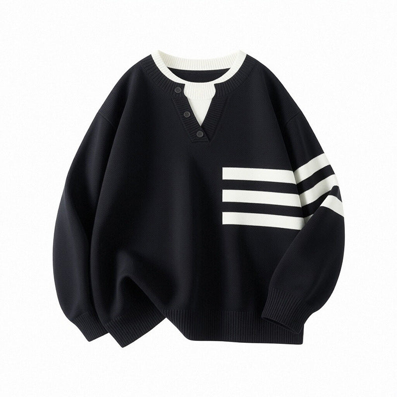 Women's Sporty Oversized Sweater with Button Placket and Stripes Mune Fashion