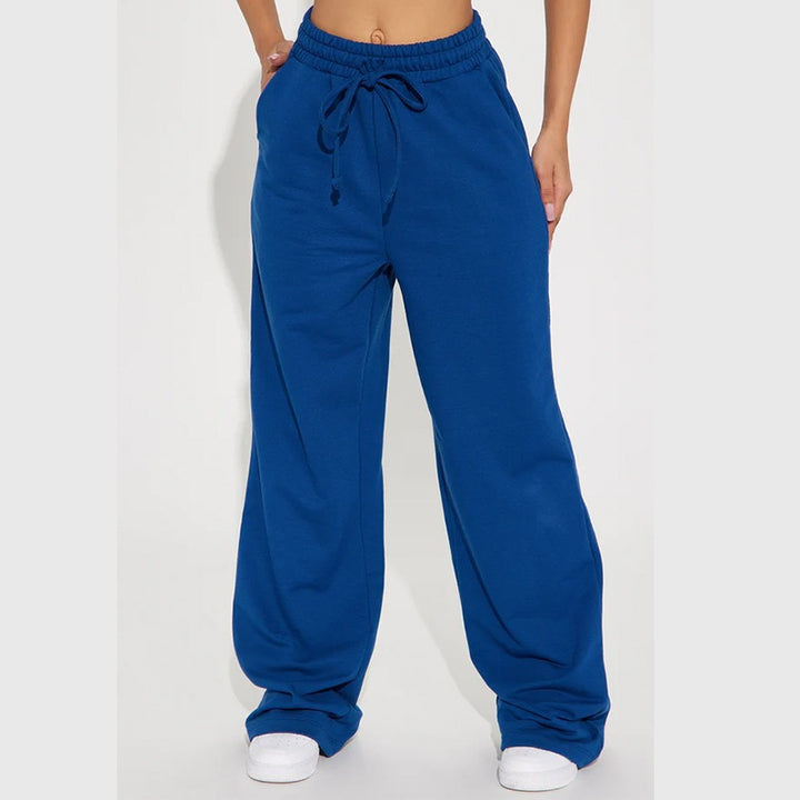 Ladies' wide High-Waist lounge pants made of soft cotton blend with drawstring and side pockets Mune Fashion