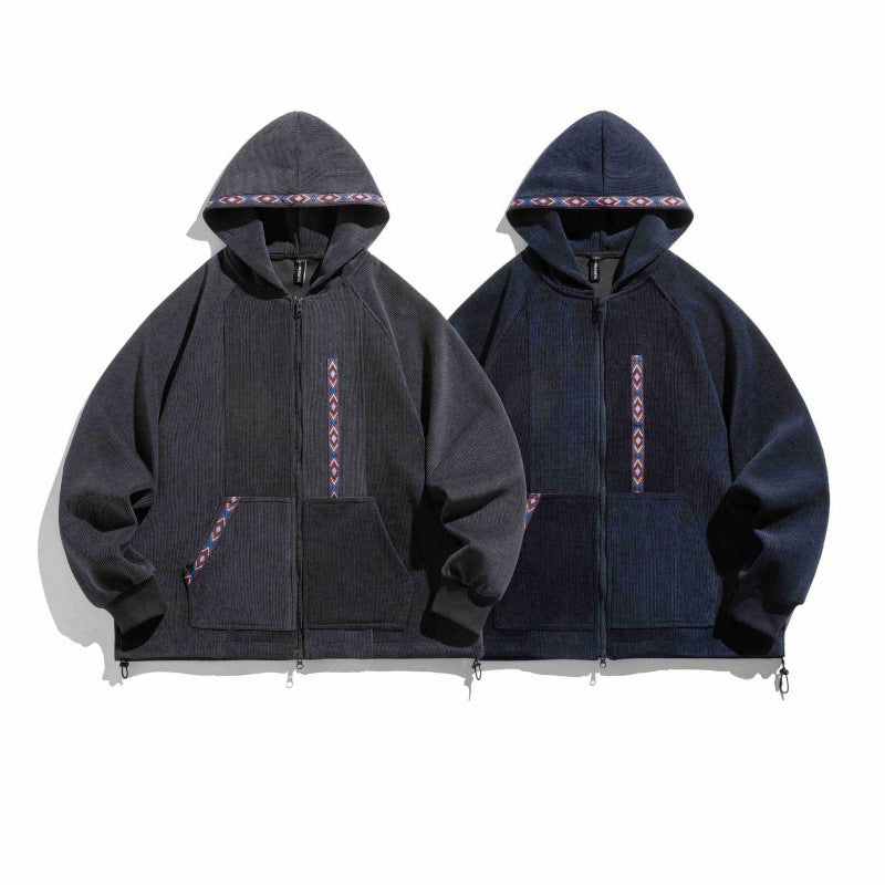 Unisex Oversize Hoodie with Zipper and Woven Decorative Bands Mune Fashion