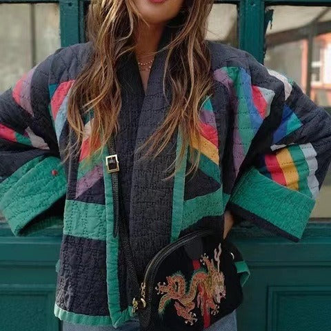 Women's padded kimono quilted jacket with patchwork design and wide sleeves Mune Fashion