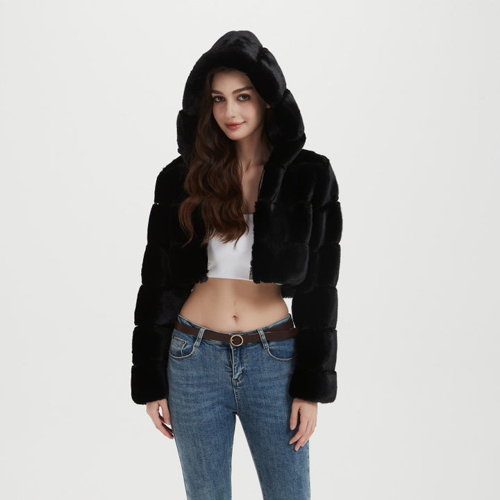 Women's Cropped Faux Fur Jacket with Quilted Panel Design and Hood Mune Fashion