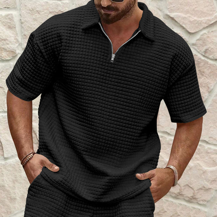 Men's polo collar ensemble with quilted box pattern, short front zipper and loose fit Mune Fashion