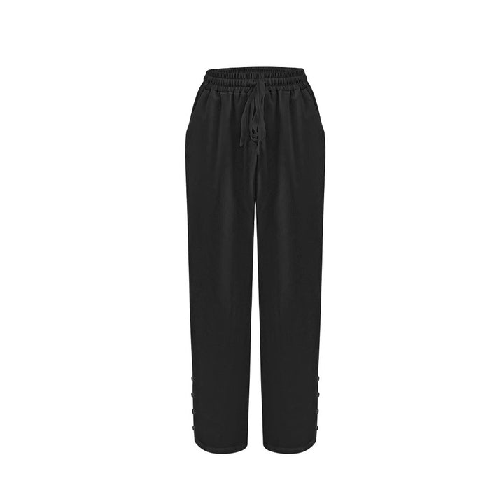 Women's Light Palazzo Pants with Elastic Waistband, Drawstring and Decorative Button Detail Mune Fashion