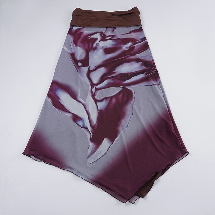 Women Asymmetrical Layered Chiffon Maxi Skirt with Folded Waistband and Watercolor Print Mune Fashion