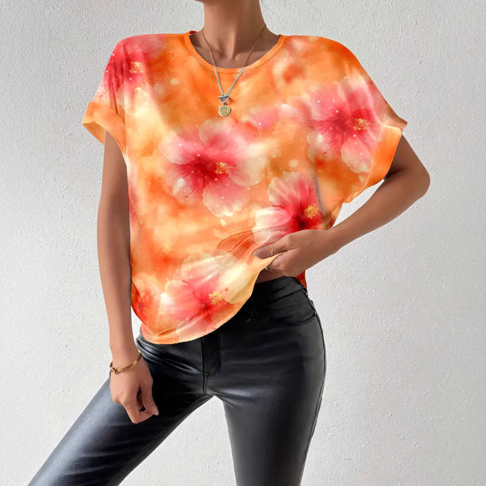 Women's loose short blouse shirt in silky look with watercolor flower print and rolled-up sleeves Mune Fashion