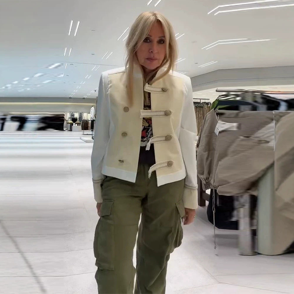 Ladies short jacket in military-inspired satin look with stand-up collar Mune Fashion