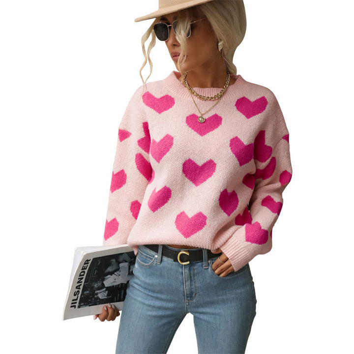Women's Patterned Knit Sweater with Heart Designs Mune Fashion