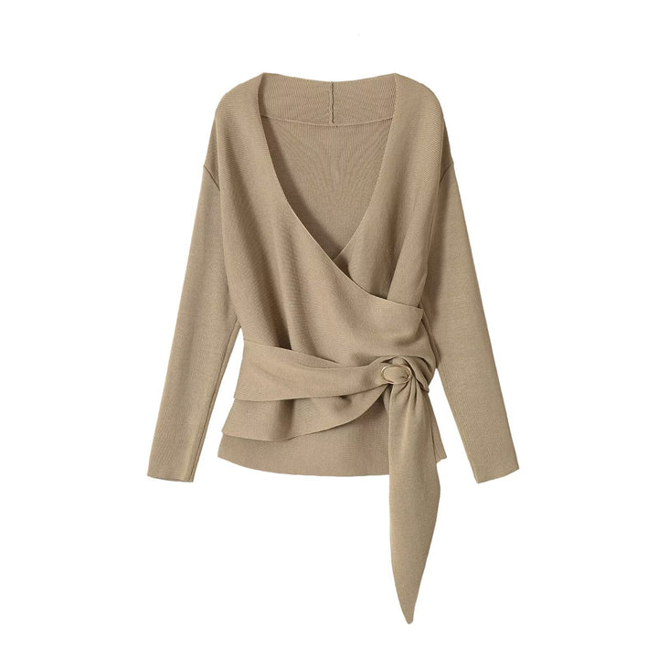 Women's wrap knitted sweater with V-neck and decorative belt Drune