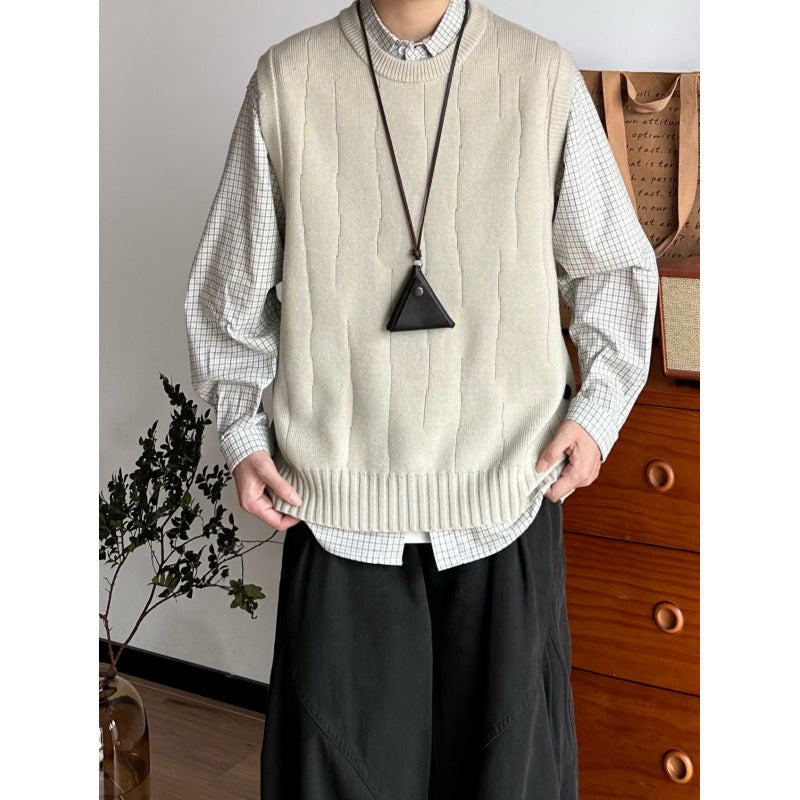 Men's Oversized Sleeveless Knit Vest with Ribbed Hem and Round Neckline Mune Fashion
