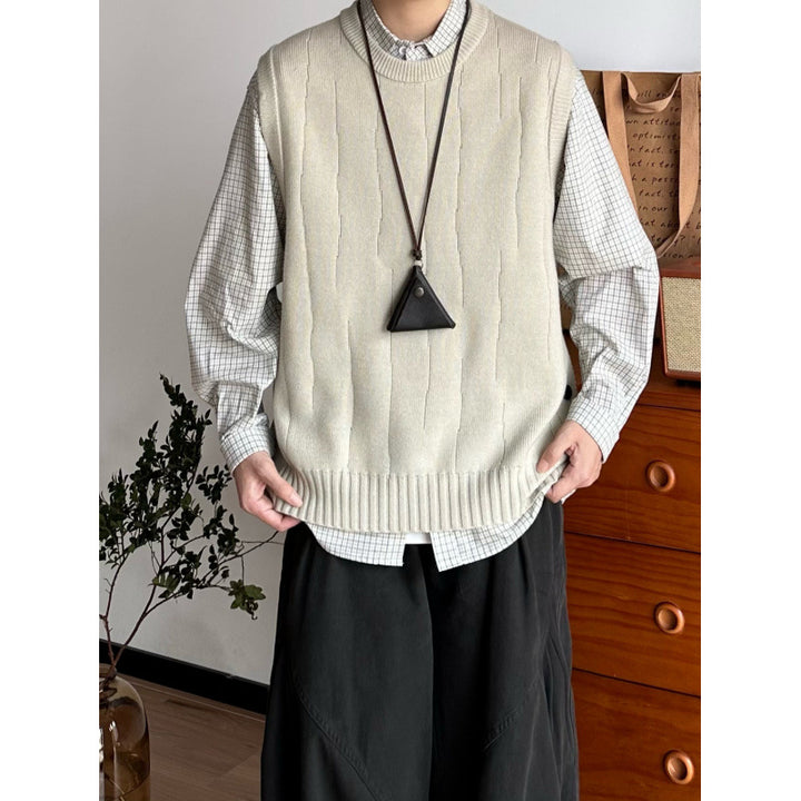 Men's Oversized Sleeveless Knit Vest with Ribbed Hem and Round Neckline Mune Fashion