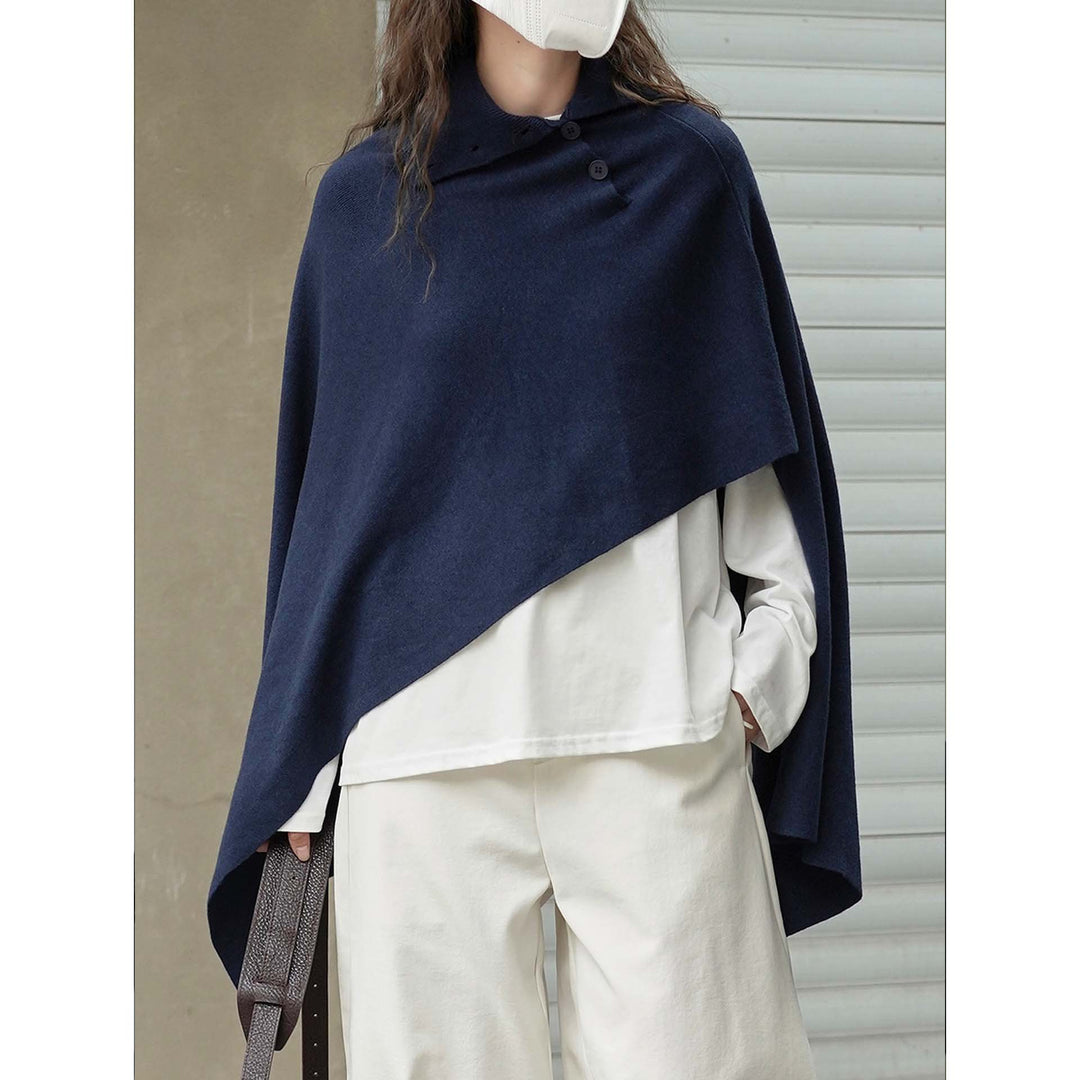 Women's Asymmetrical Knit Poncho with Button Collar and Oversized Silhouette Mune Fashion