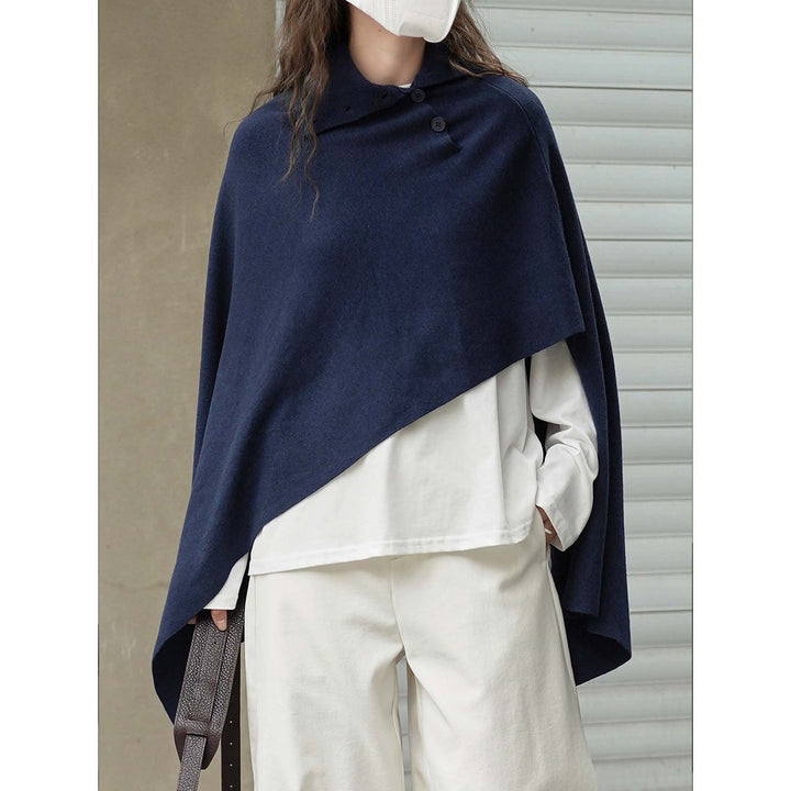 Women's Asymmetrical Knit Poncho with Button Collar and Oversized Silhouette Mune Fashion