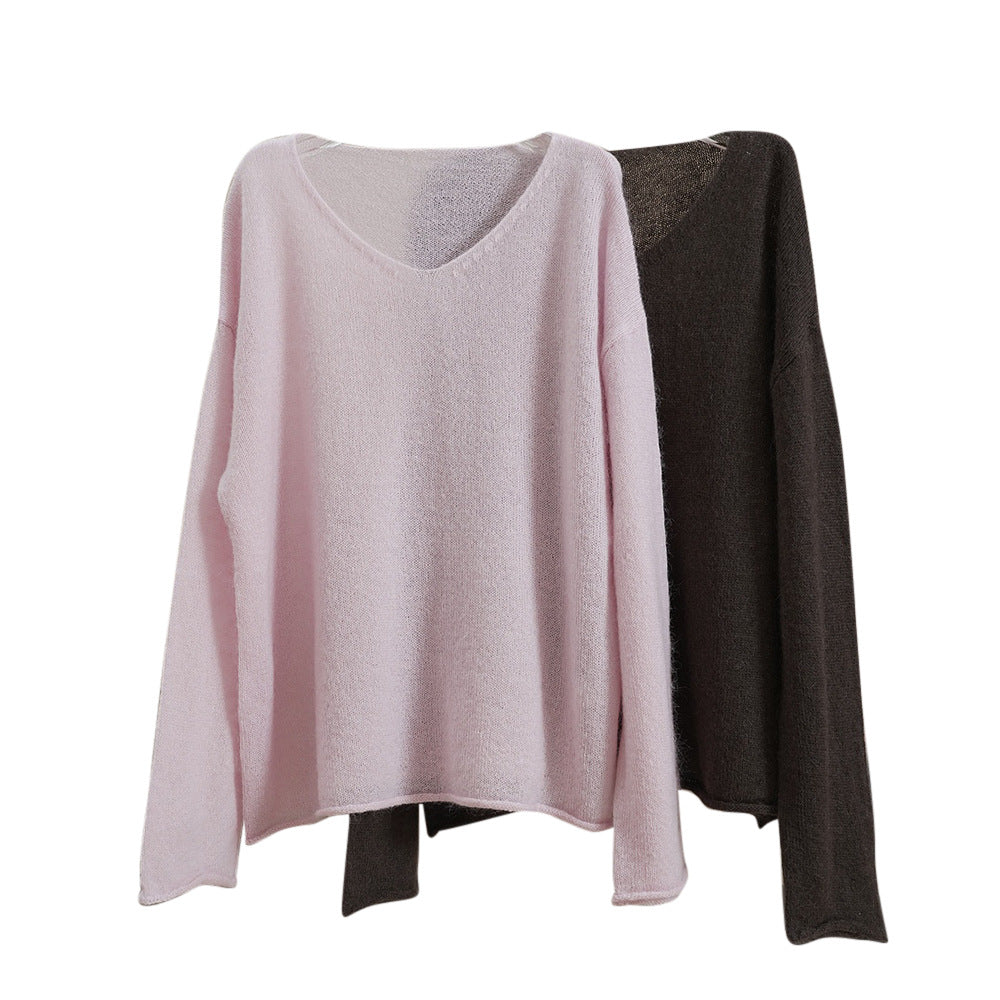 Women's Oversized Sweater in Mohair Look with Wide Round Neckline and Extra Soft Fiber Mune Fashion