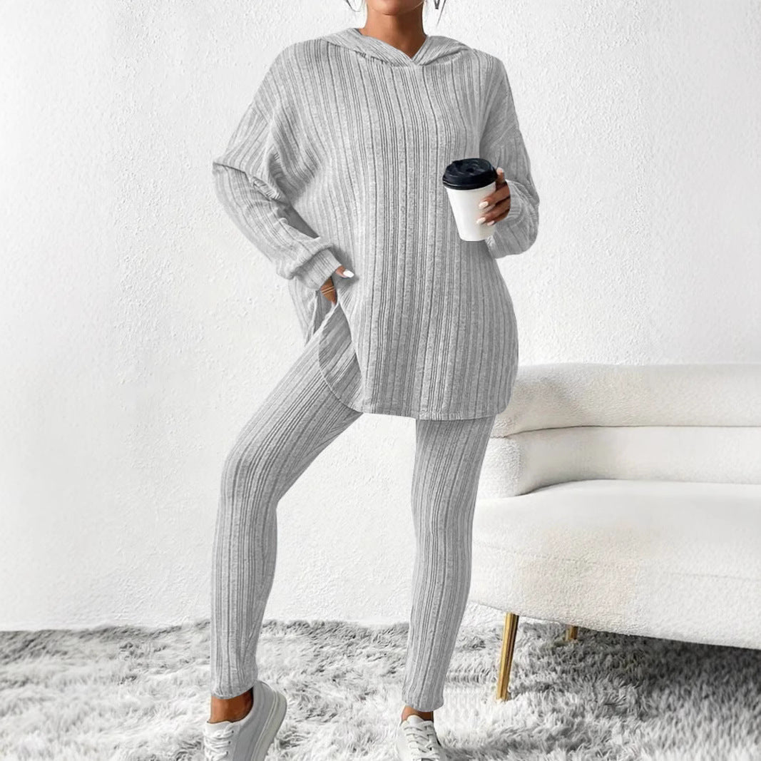 Women's Ribbed Lounge Set in Knit with Oversized Hoodie and High-Waist Leggings Mune Fashion