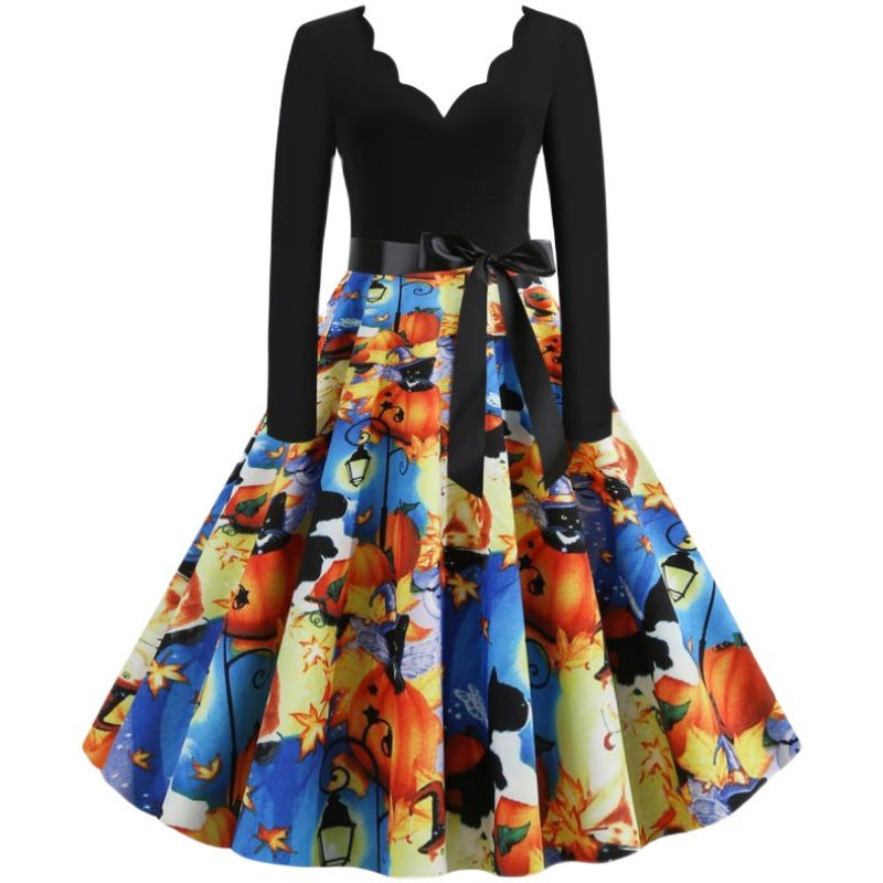 Women's Retro Swing Dress with Wavy Neckline, Long Sleeves, and Halloween Print Flared Skirt Mune Fashion