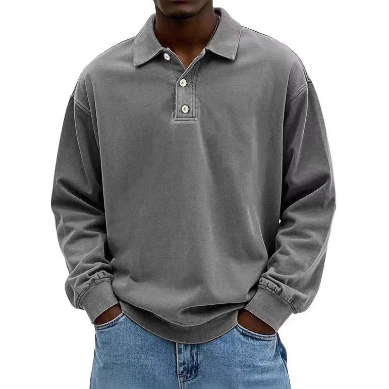 Men's casual polo shirt sweatshirt with collar, vintage wash and three-piece button placket Mune Fashion