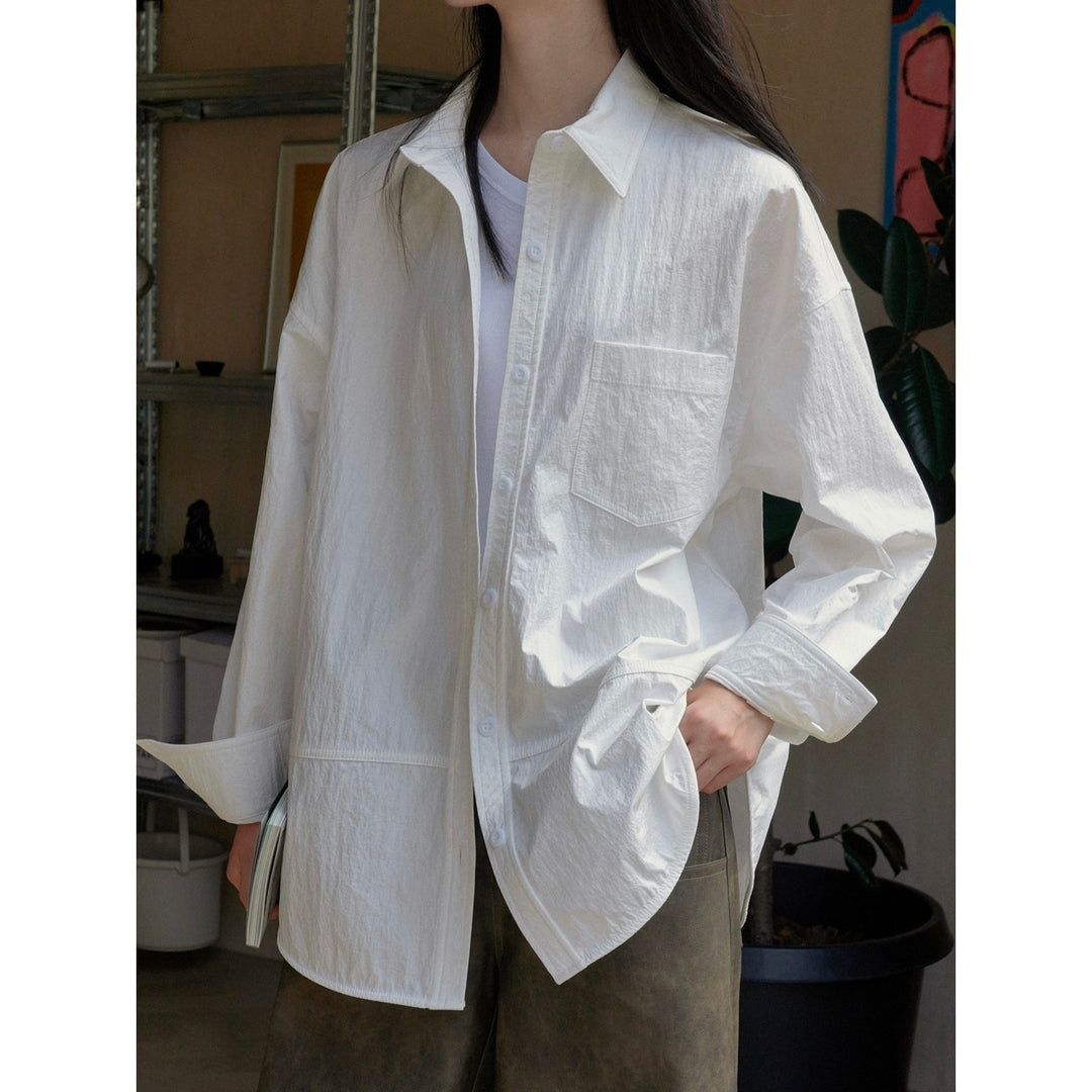 Women's Oversized Cotton Shirt with Chest Pocket and Curved Hem Mune Fashion