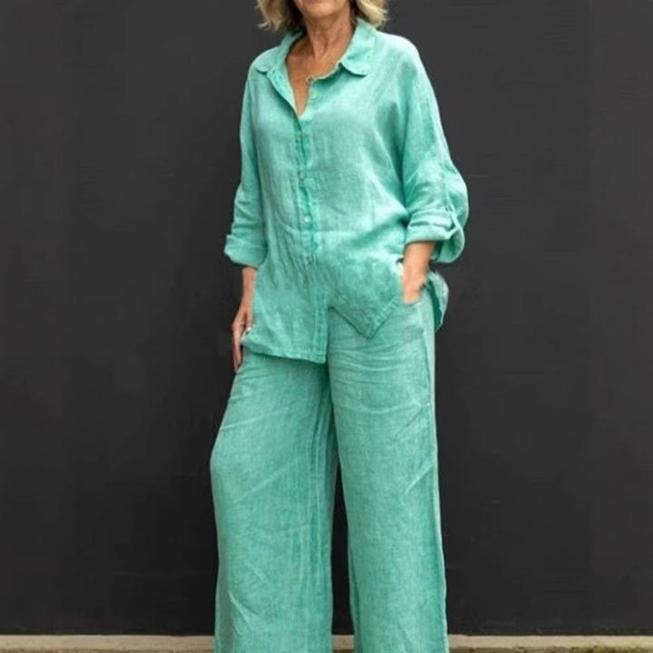 Women's Lightweight Linen Loungewear Set with Oversized Shirt and Wide Palazzo Pants Mune Fashion