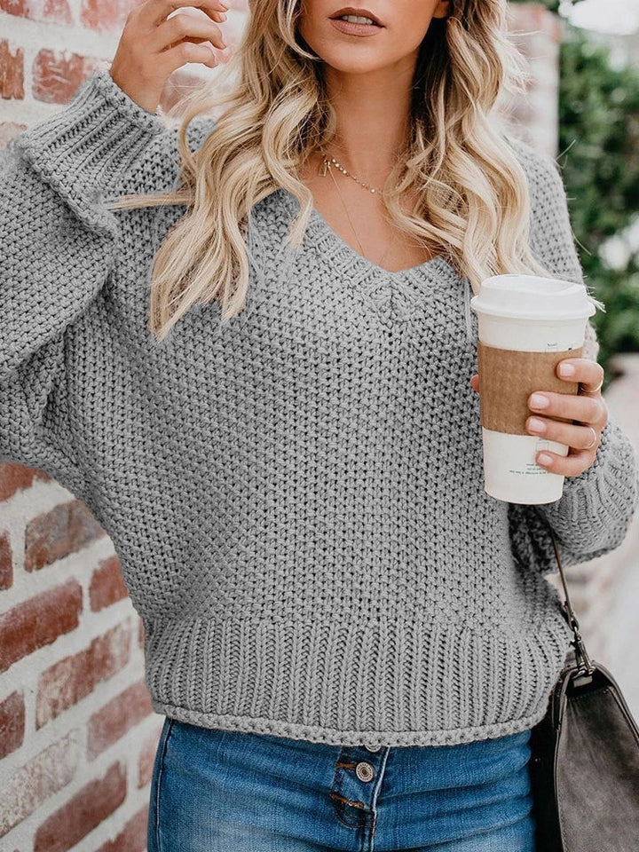 Women’s Oversize Chunky Knit Sweater with V-Neck and Ribbed Hem Mune Fashion