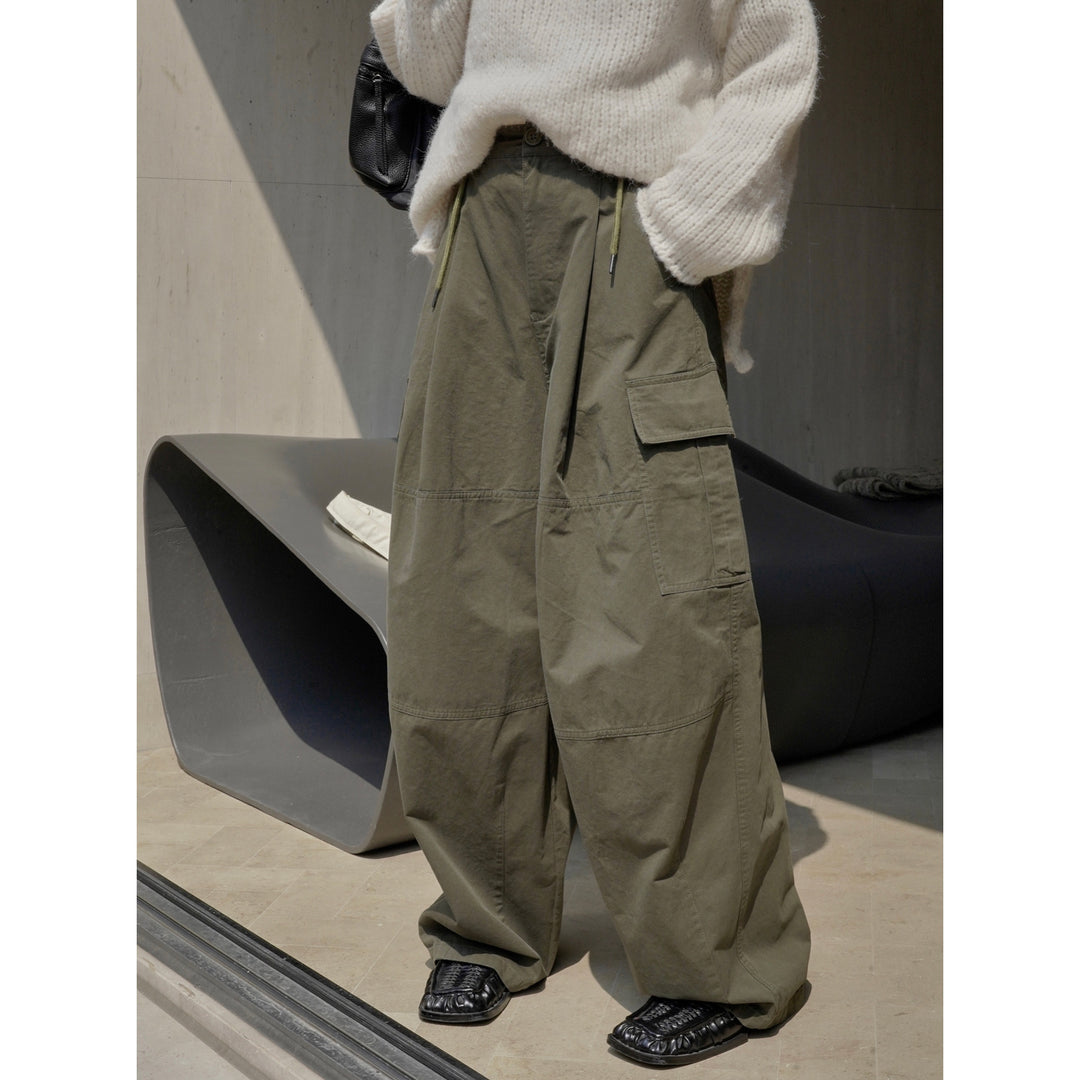 Women's Wide High-Waist Cargo Palazzo Pants with Drawstring Waistband and Patch Pockets Mune Fashion